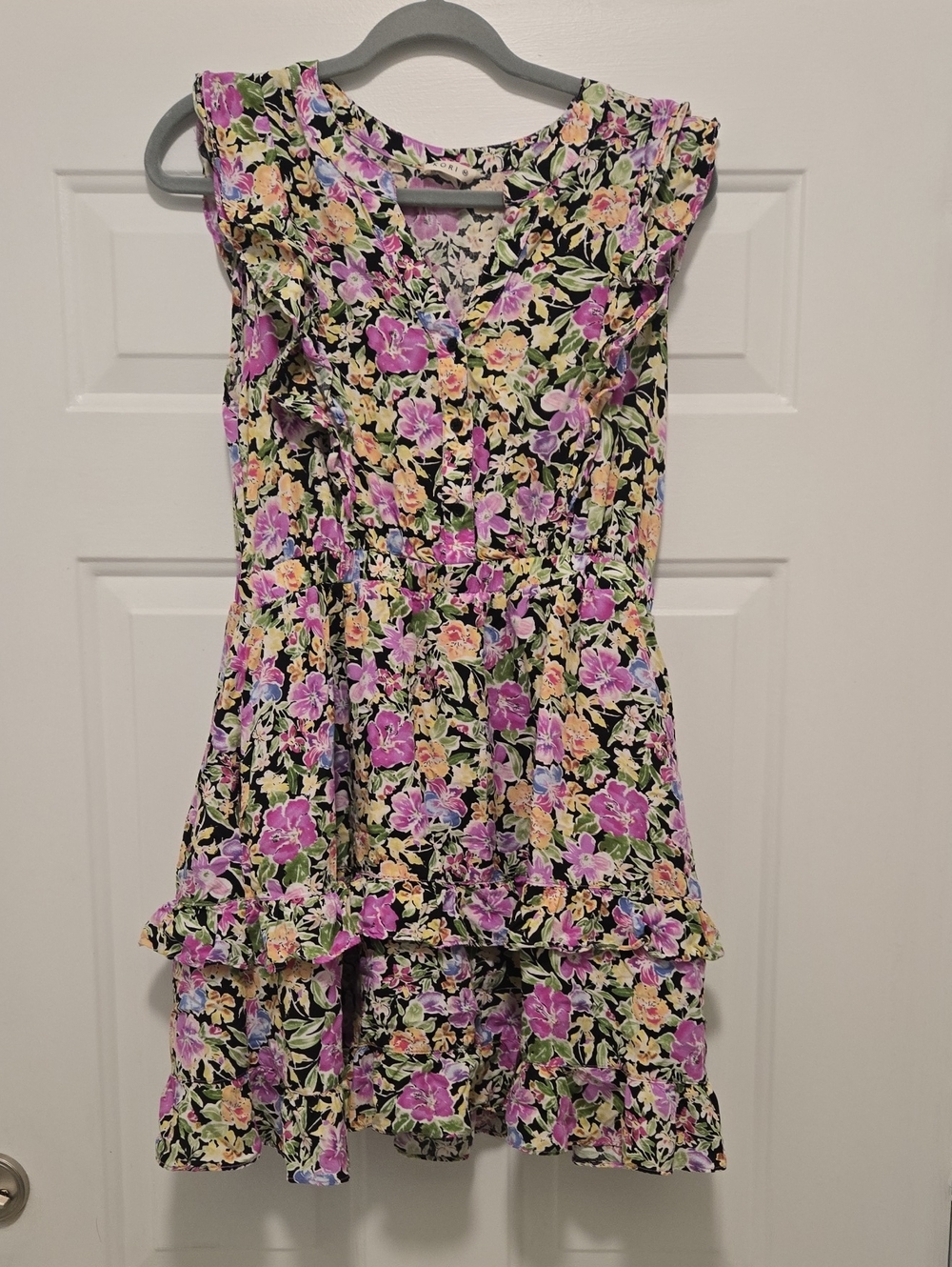 Kori Black Floral Mini Dress with Purple & Yellow Blooms